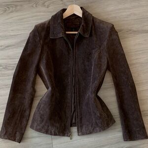 Minimalist Classic Full Zip Collar Dark Brown Genuine Real 100% Suede Jacket
